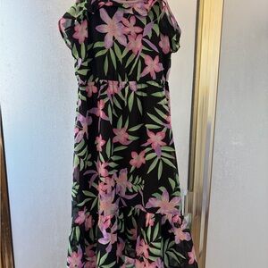 Place Black Floral Tiered Dress with Pink Flowers and Green Leaves